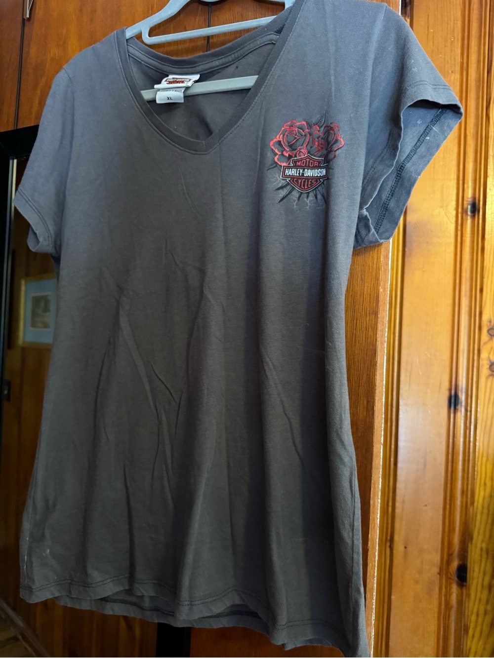 Harley-Davidson Black V-Neck Tee with Red Rose Logo